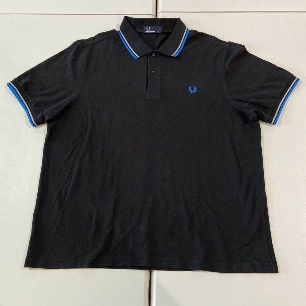 Fred Perry M3600 Polo Shirt Mens XL Black Blue Twin Tipped With Laurel Wreath